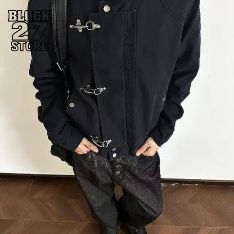 Harajuku Men's Turn Down Collar Jacket American Retro Short Workwear Coat Autumn Streetwear Casual Loose Fit Fashion Outerwear