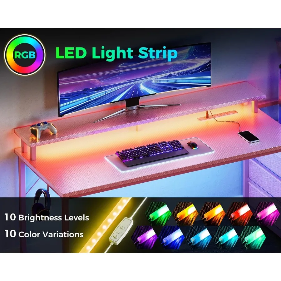 مكتب ألعاب قابل للعكس مقاس 59 بوصة مع منافذ شحن USB وإضاءة LED للمكتب المنزلي الحديث أو غرفة الترفيه تتضمن S