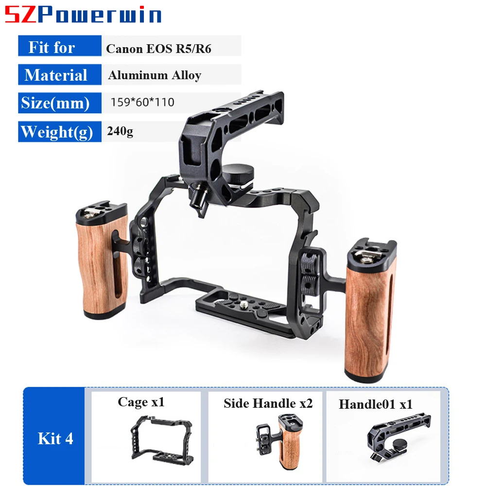 Powerwin Camera Cage For Canon EOS R5 R6  with wooden Handgrid Handle Kit Aluminum Alloy Multifunctional Arri Locating Screw