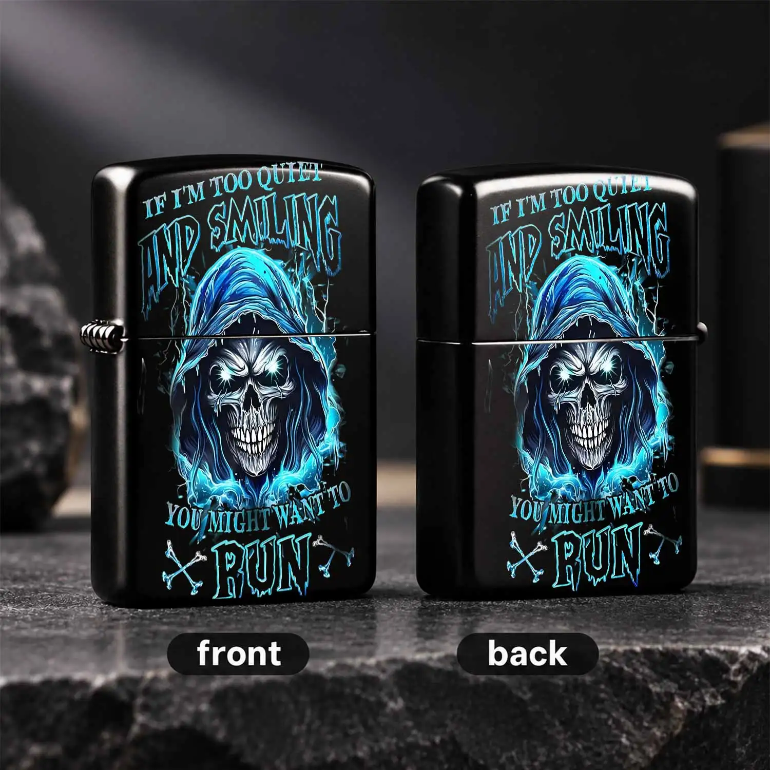Cool Grim Reaper Skull Themed Portable Daily Use Lighter, Ice Blue Glowing Smiling Skeleton Decor With Fun Warning Slogan, Stylish Delicate Practical Accessory For Outdoor Travel Daily Dating Gatherings Halloween Spooky A Humorous And Inter