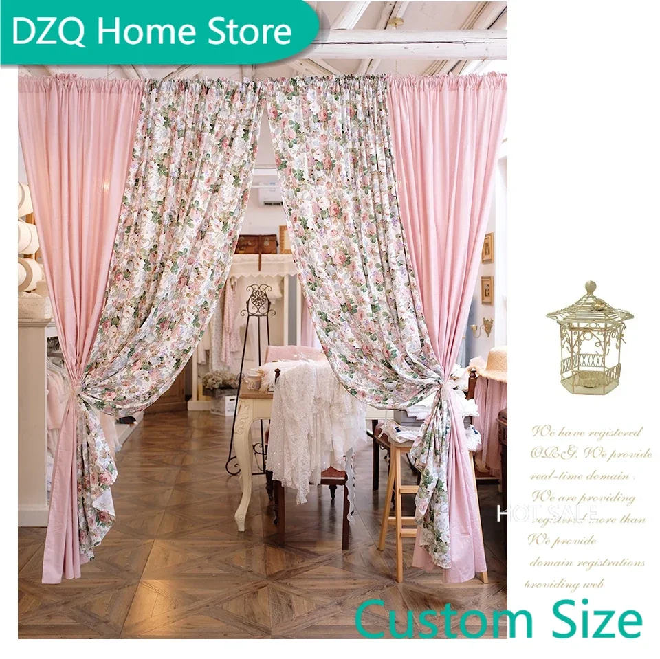 

French Retro Cotton Blackout Curtains for Living Room,Princess Pastoral Floral Printing Cortinas for Girl's Bedroom,Pink Curtain