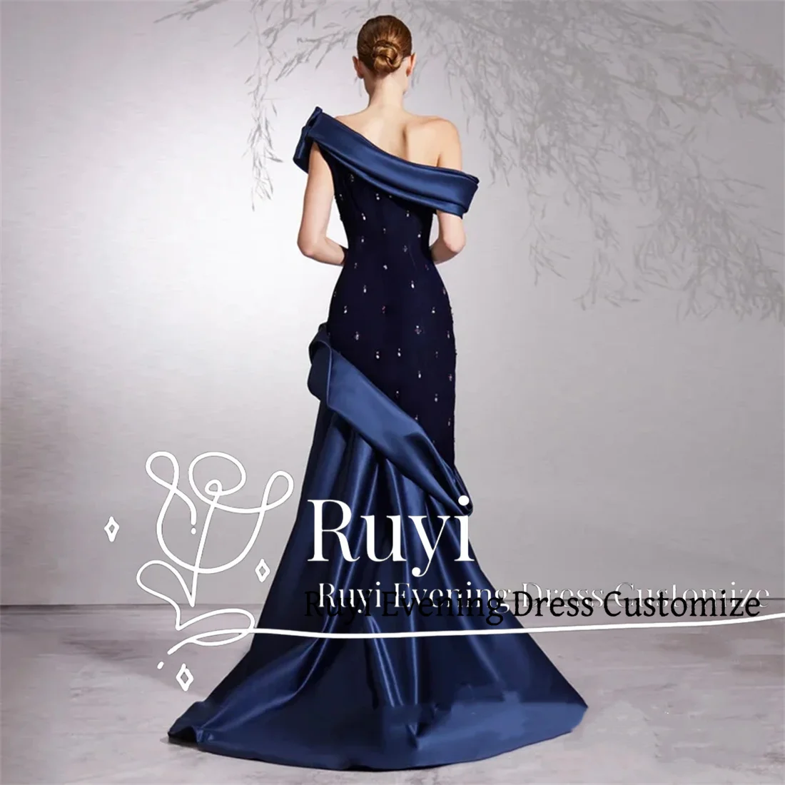 Customized Mermaid Prom Dress One-Shoulder Formal Occasion Dresses Dark Blue Beading Stones Sweep Train Mermaid Evening Dress