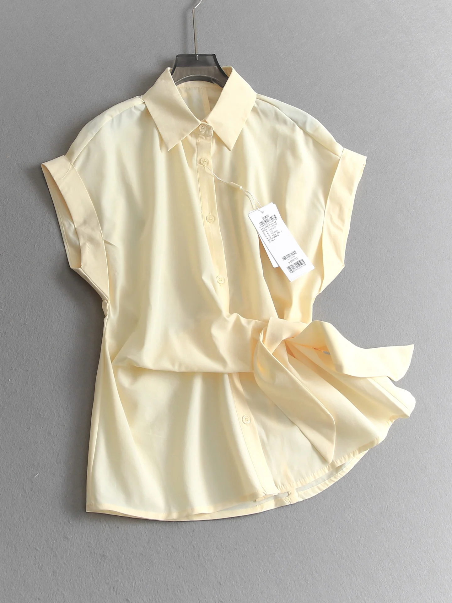 

Slimming Pure Color Belted Waist Summer 2026 Short Sleeve Women's Shirt Casual Style Polyester Fiber Breathable Comfortable