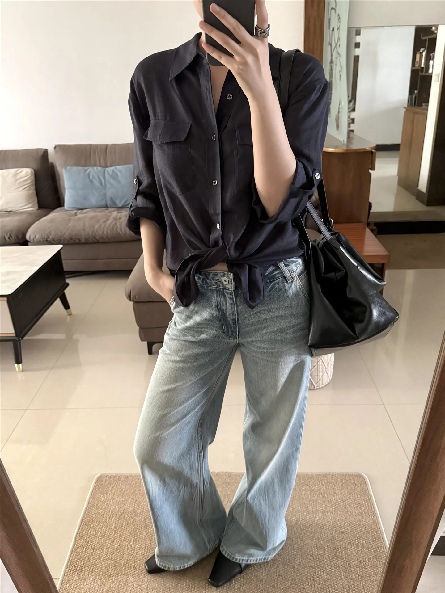 

Retro American Light Blue mid Low Waist Straight Leg Jeans Women's Spring Loose Drapey Design Wide Leg Pants Casual Style