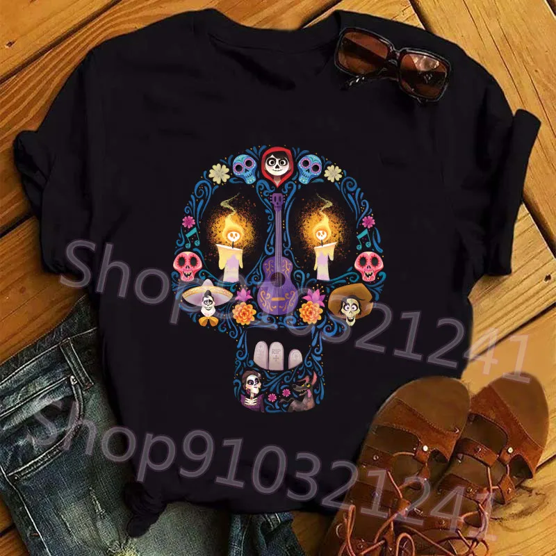 كوكو تي شيرت المرأة القوطية السكر الجمجمة القمم الكرتون الجرافيك الغيتار ميغيل تيز للجنسين Harajuku قميص أسود الملابس النسائية