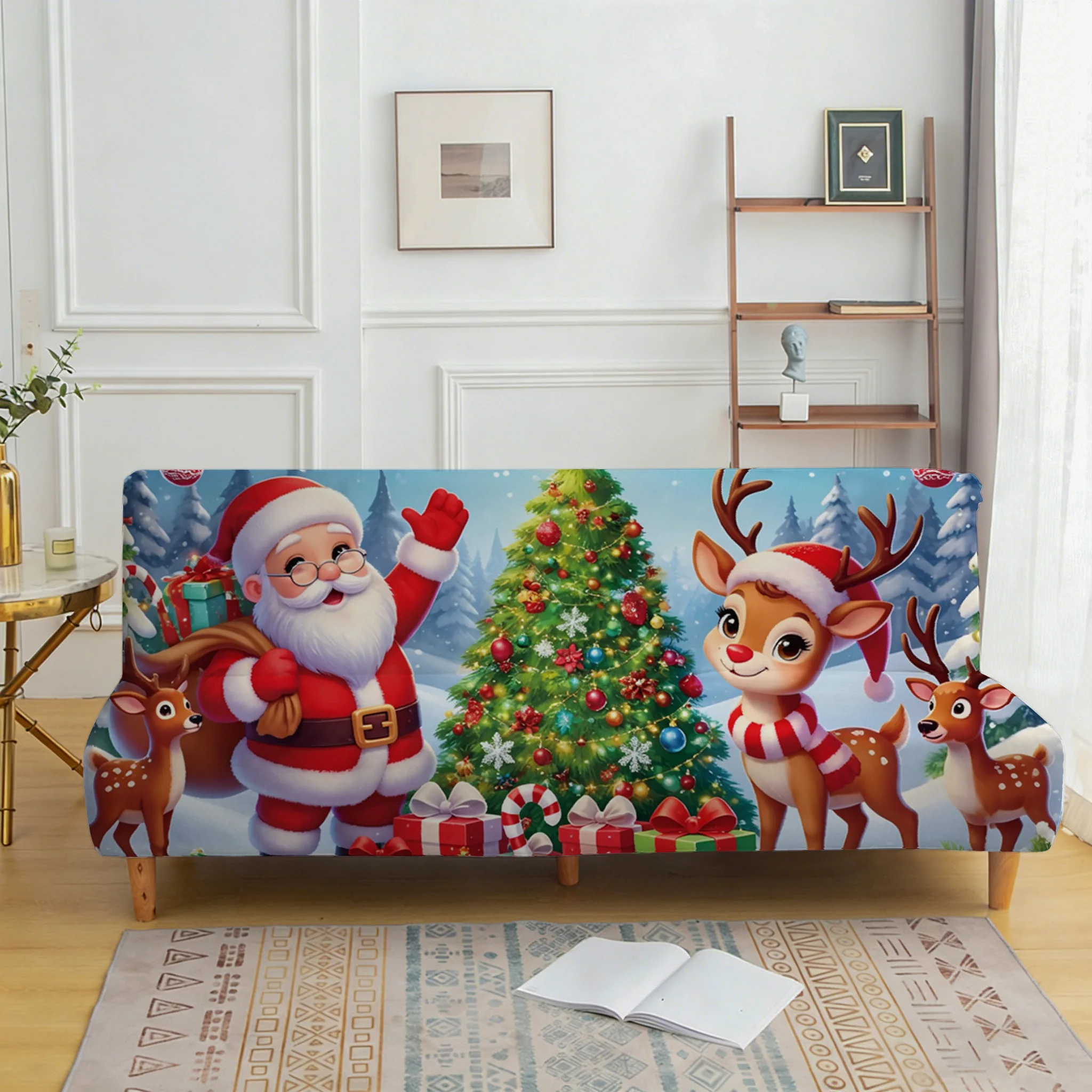 1PC Christmas cartoon Santa Claus deer print elastic folding sofa bed cover holiday living room folding sofa bed decor cover