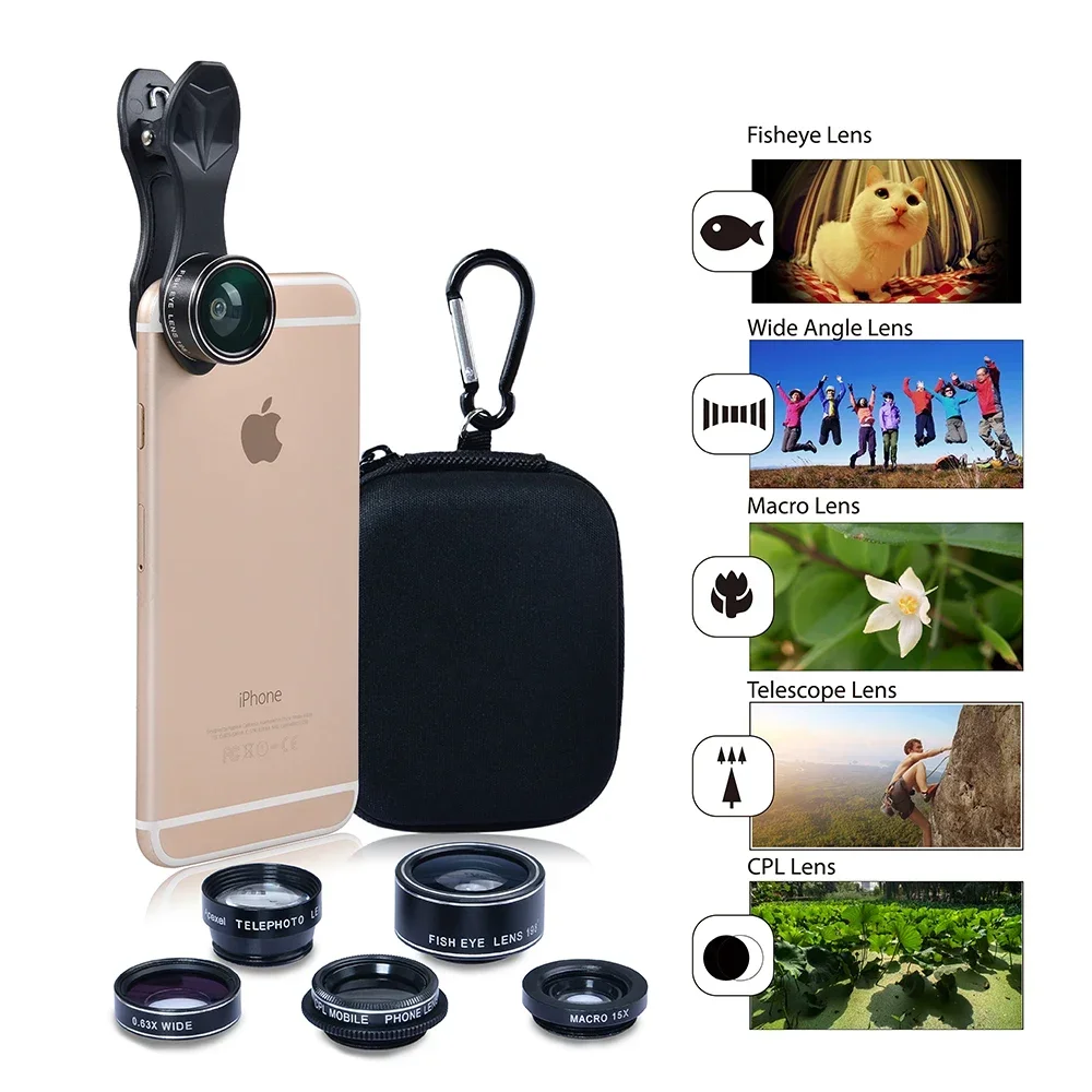 

5 In 1 HD Camera Lens Kit Fisheye Lens+0.63x Wide Angle+15x Macro Lens+2X Telephoto Lens+CPL Lens For IPhone Samsung DG5
