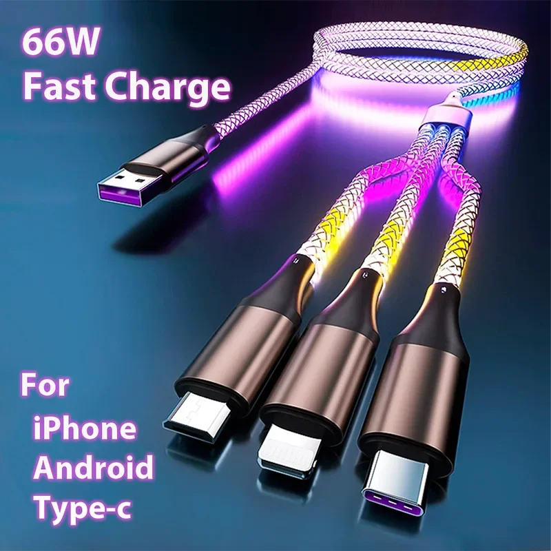 Cable de datos de carga rápida luminosa RGB, Cable de datos de línea brillante con Streamer colorido de 66W, interfaz tipo C para Huawei/iPhone/Android