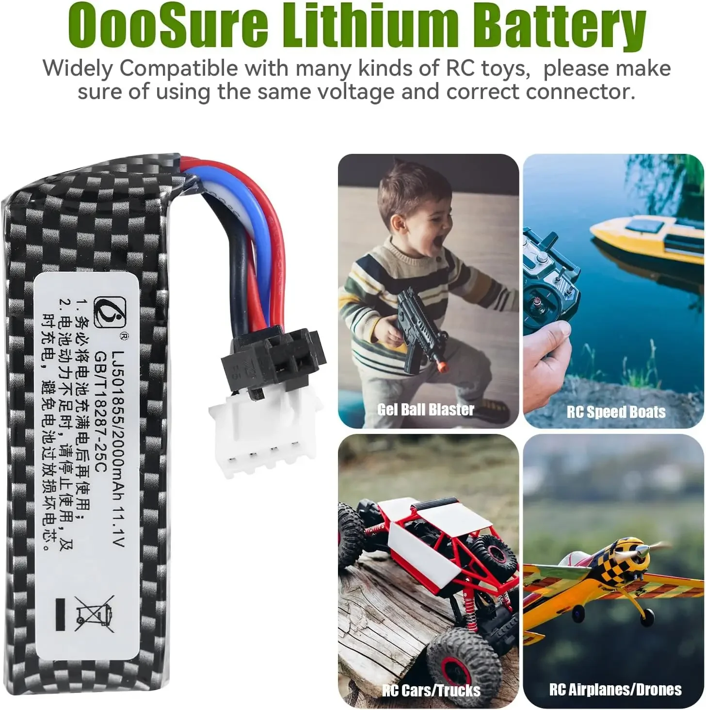 11.1V 2000mAh 30C Rechargeable Li-ion Battery SM-2P Plug for WPL RES V-3 ESC 1/16 Crawler and Some Water-Gun Soft-Gun Toy