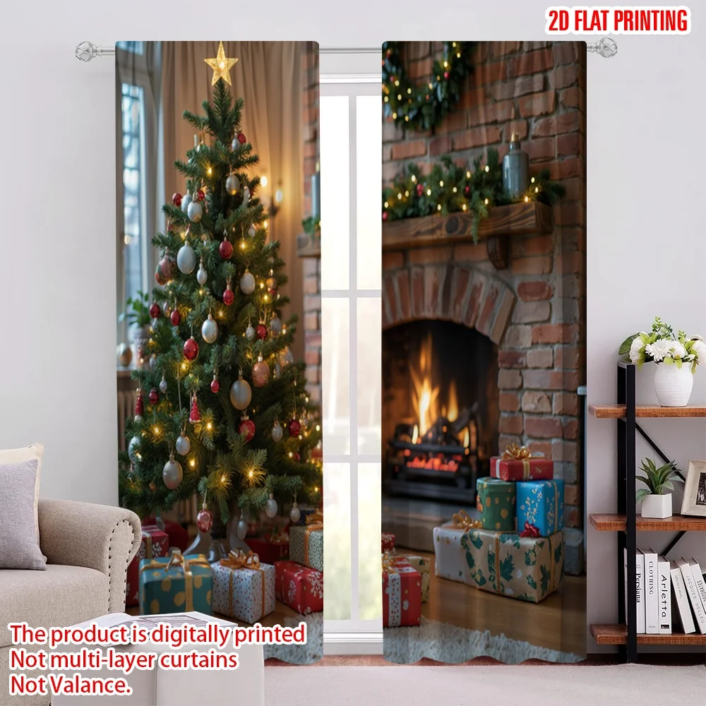 

2pcs 2D flat printing Merry Christmas Scene Curtains Vintage Christmas fireplace Polyester Without Electricity Festive Wall