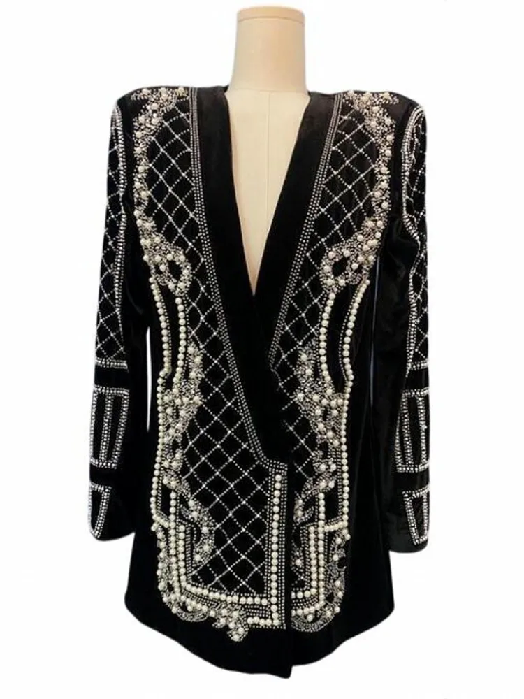 Designer Women Shiny Diamonds Beading Party Blazer Jacket banchetto Deep V Neck Long Velvet Suit Coat Ladies Casual Blazer Tops