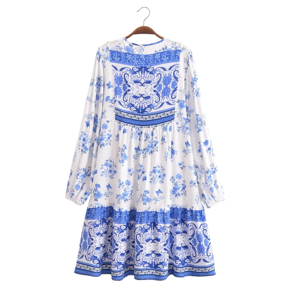 2024 BOHO Tie Bow Rope Collar White Blue Flower Location Flower Print Midi Dress donna Full Puff Sleeve allentato Holiday Beach Robe