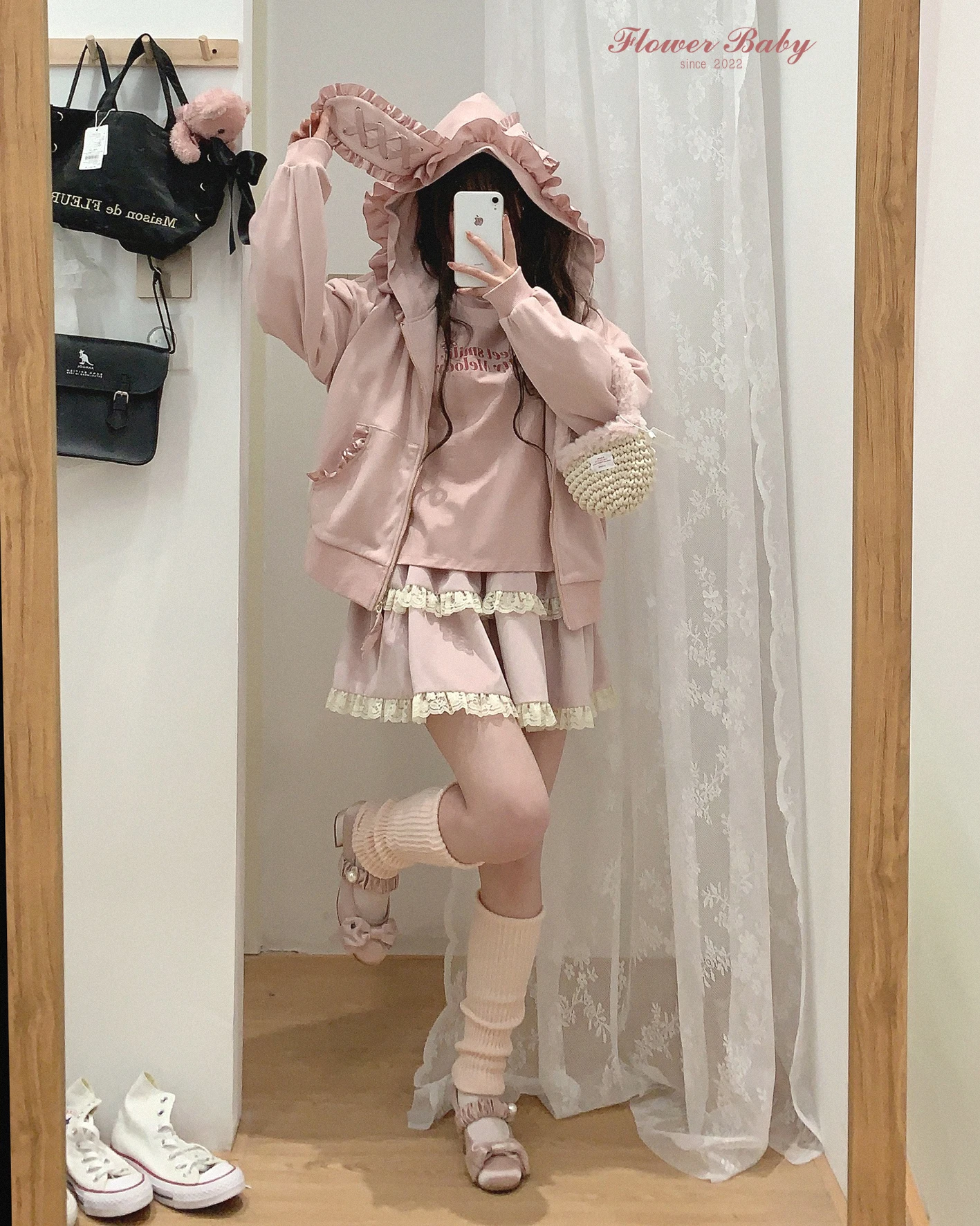 Japanese Lolita Hoodies Jacket Women Cute Lace-up Rabbit Ears Embroidery Loose Mine Hooded Sweatshirt Coat Spring Autumn Clothes