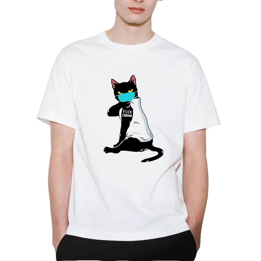 Mask Black Cat T-shirt Men‘s Summer Clothing Short Sleeve Tops Tees Casual Shirt B070