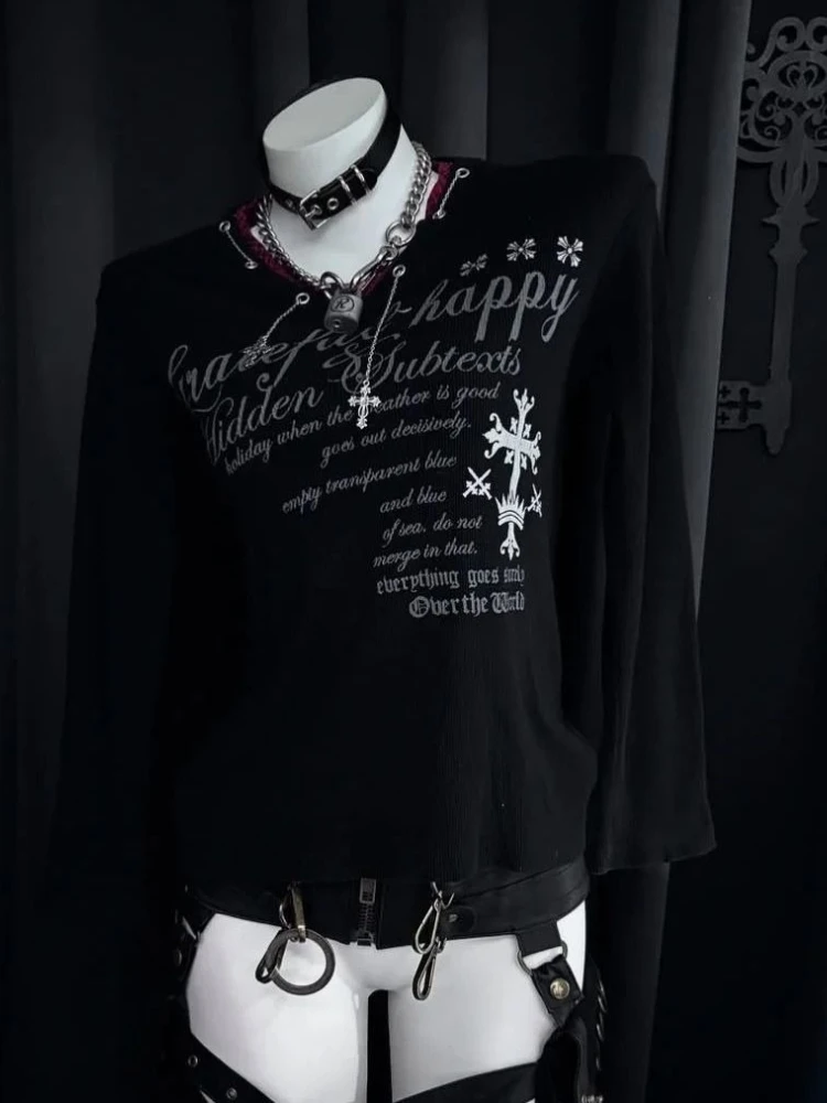 

Aesthetic Subculture Long Sleeve Tops Women Vintage Y2k Letter Print Slim Fake Two Piece T-shirt Hot Chick Casual Clothes New