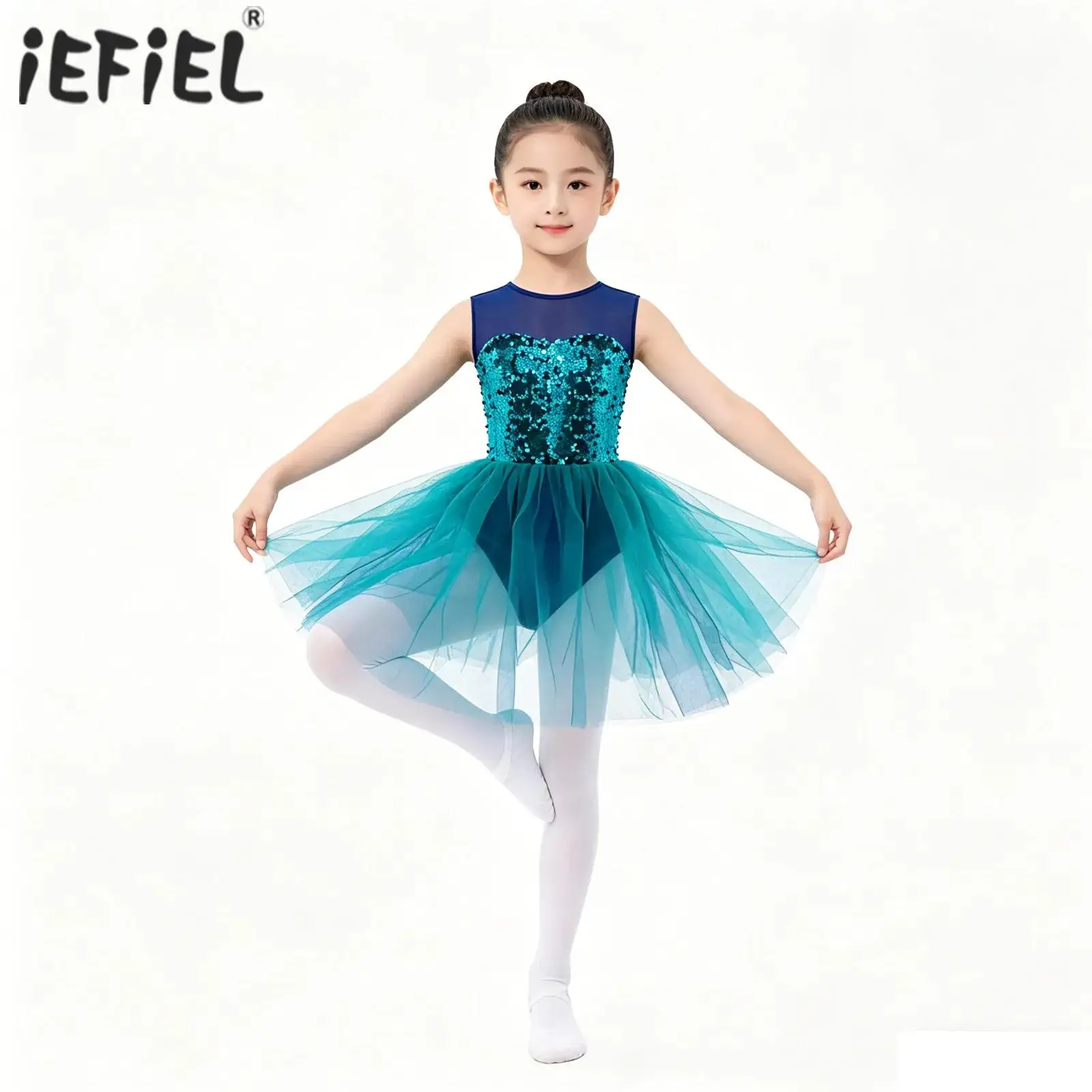 Kids Girs Sequins Gymnastics Artistic Skating Costume Ballet Lyrical Tutu Skirt Dress Classical Latin Dance Performance Costume