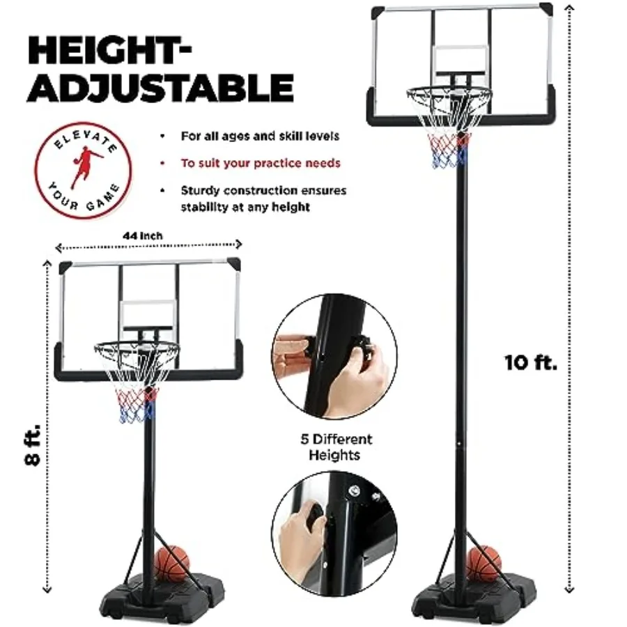 Portable Basketball Hoop 10 ft Adjustable with 44in Shatterproof Backboard for Indoor Outdoor Use Weatherproof Fillable Base Ba