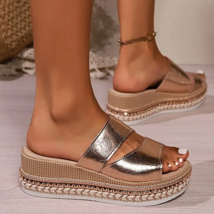 Fretwork Heels House Slippers Platform Gold Sandals Shoes Woman 2024 Luxury Slides Low Rivet Designer Soft Fabric Rome PU Rubber