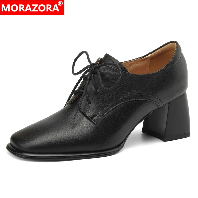 

MORAZORA Genuine Leather Shoes Women Pumps Lace Up Square High Heels Office Dress Shoes Square Toe Solid Color Ladies Shoes