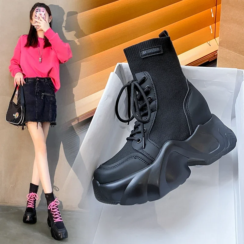 Knitting High Platform Ankle Boots Women Autumn Thick Bottom Short Sock Boots Non-slip Motorcycle Chunky Shoes Booties Mujer 7CM