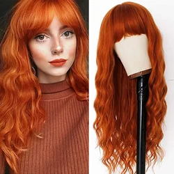 Curly Orange Synthetic Hair No Lace Wigs Full Bangs Long Loose Wave Fashion Party Wig for Party Cosplay Daily Use Natural