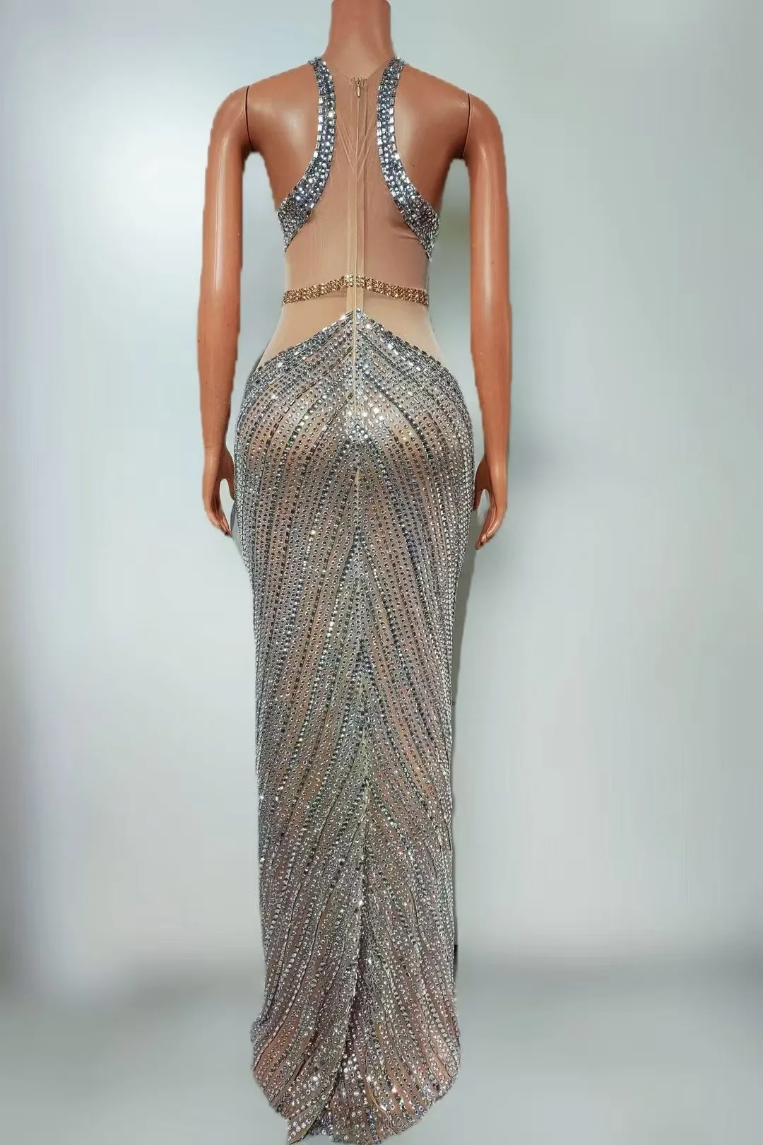 عرض أزياء كامل الماس ضيق مثير شبكة أكمام بعقب التفاف فستان طويل ملهى ليلي بار الأداء زي A764