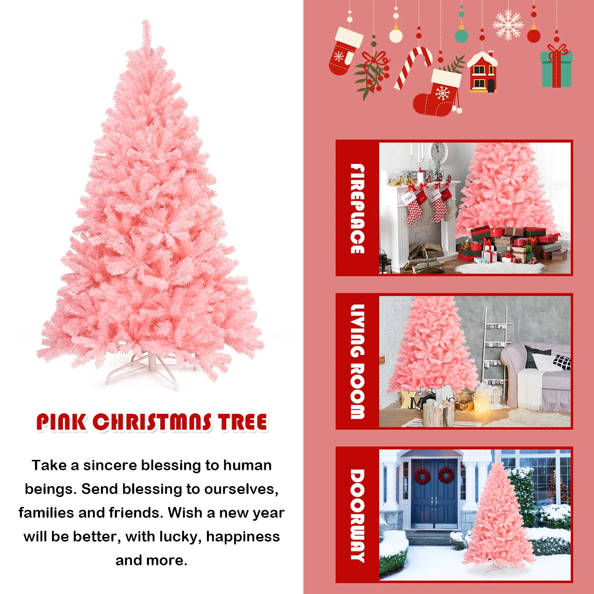 6Ft Hinged Artificial Christmas Tree Full Fir Tree New PVC w/ Metal Stand Pink