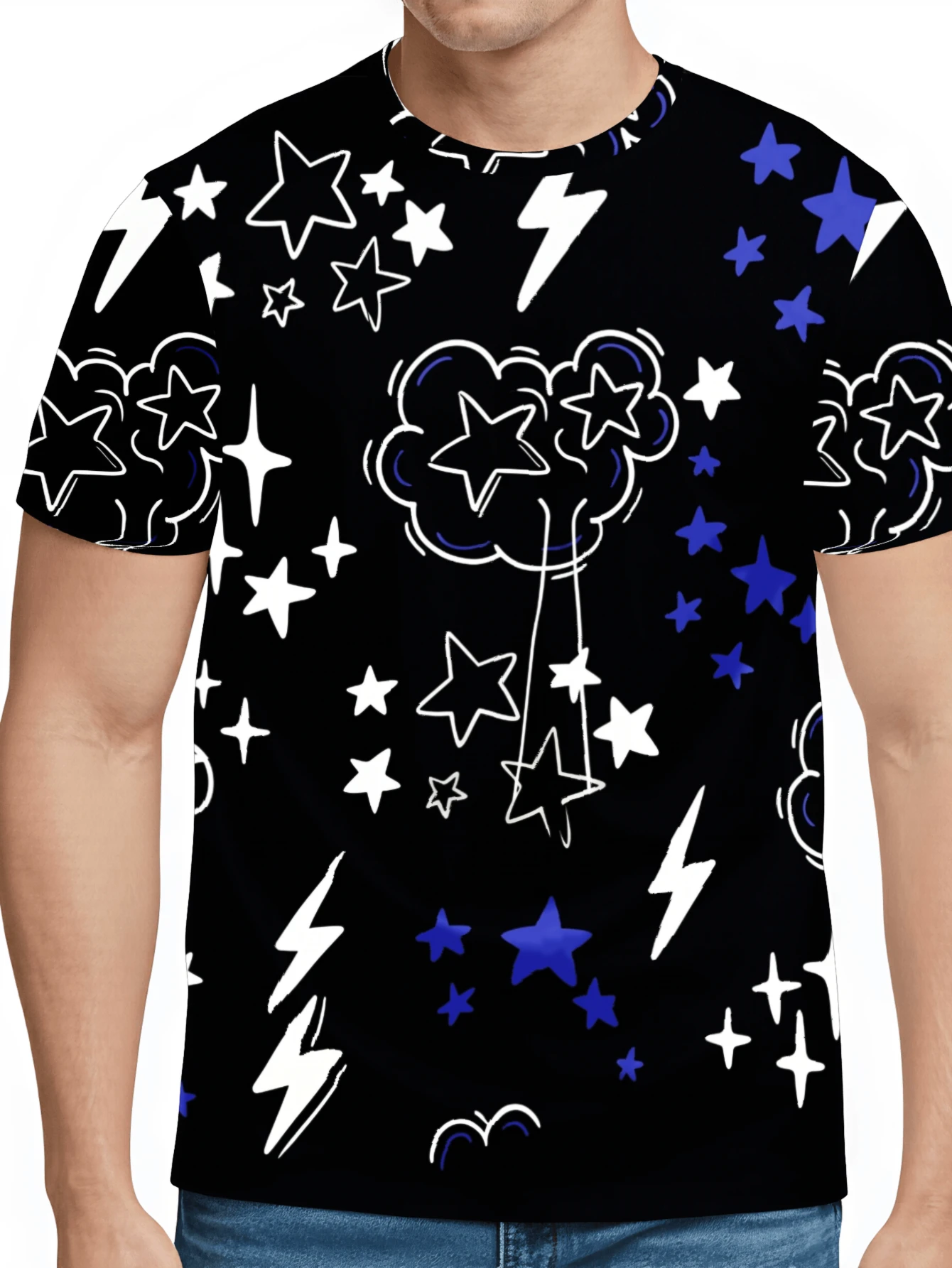 Casual Streetwear Style Men's T-Shirt,Stars Lightning Bolts Clouds Pattern Daily Wear Summer Season, Print Short Sleeve T-Shirt,