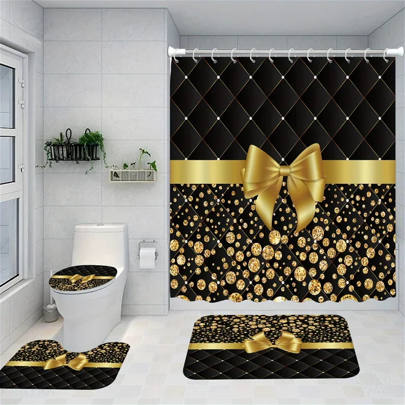 

4pcs Luxury Bow Shower Curtain Set, Black Golden Glitter Bathroom Sets With Shower Curtain And Rugs, Waterproof Polyester Fabr