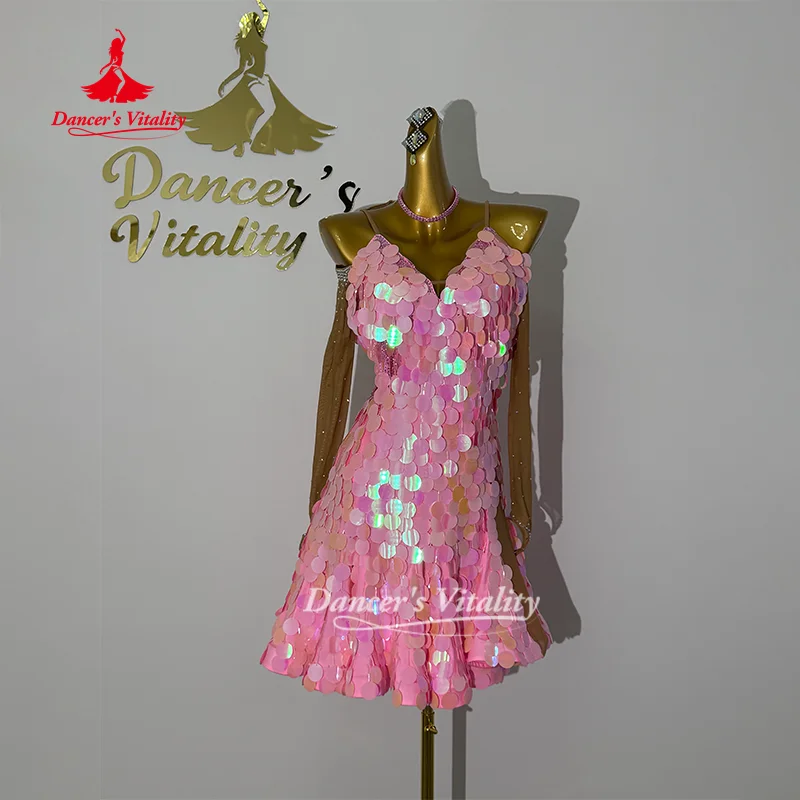 Latein-Tanzkleid, personalisierbar, Cha Cha Samba, Rumba, Wettbewerb, Performance-Kostüm, großes Pailletten-Langarmkleid, Tanz-Vitality