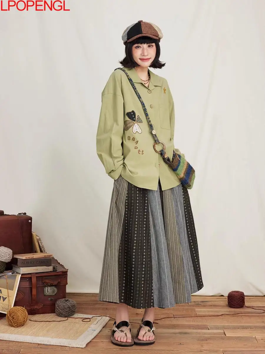 Ethnic Style Retro Personality Versatile Elastic Waist Skirt New Women Autumn And Winter Fashion Casual Patchwork Umbrella Skirt