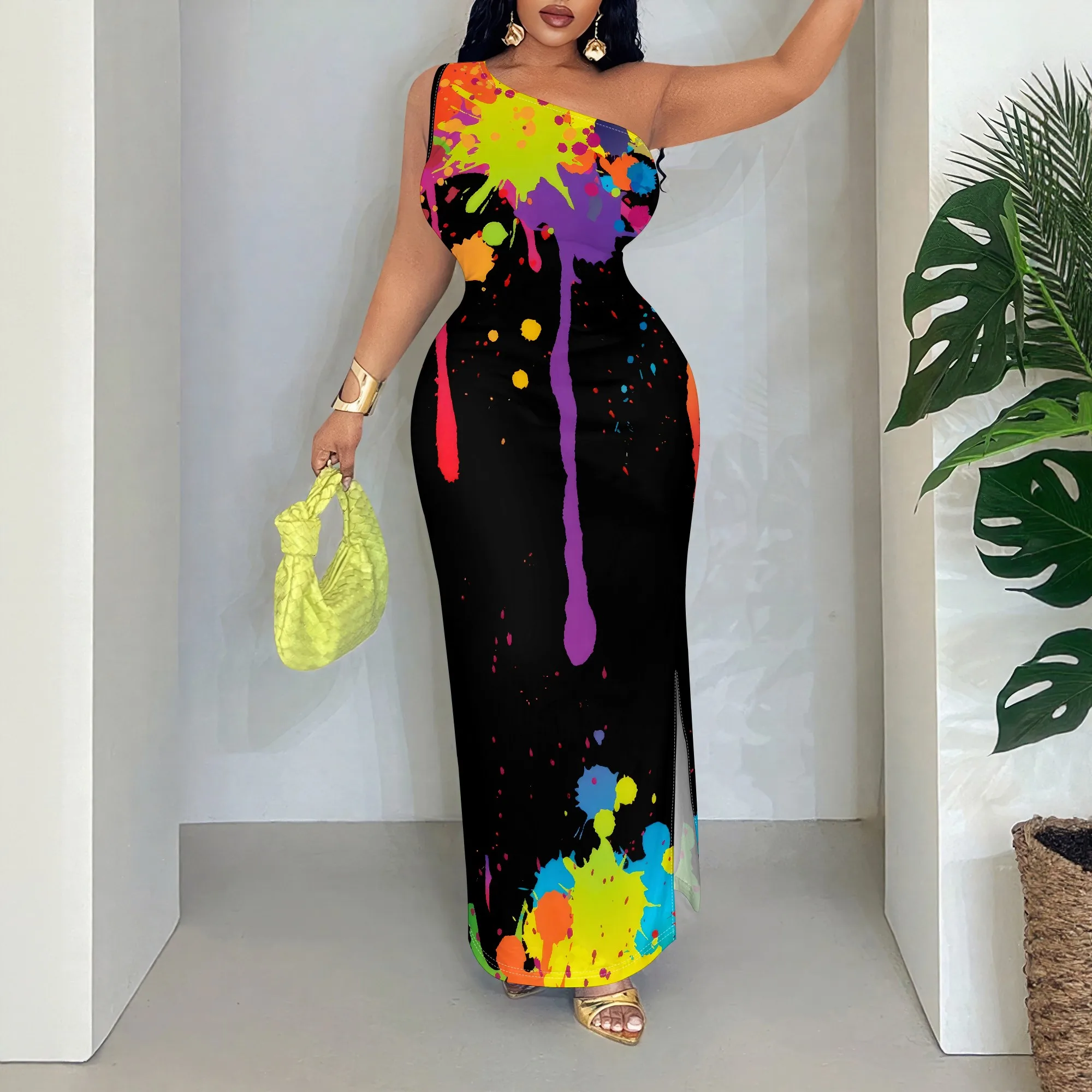 

Paint Splash, One Shoulder Dress, Sleeveless Bodycon, Maxi Gown, Clubwear, Party Outfit, S-2XL