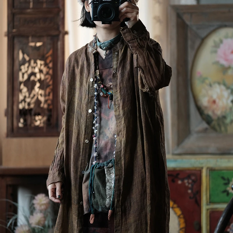 

100% Linen Women Casual Long Shirt New Arrival 2026 Spring Vintage Style Stand Collar Loose Comfortable Female Tops Shirts M2511