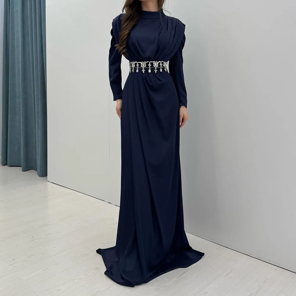 

Customized A-line Evening Dresses Floor-length High-neck Full Sleeve Prom Gown Fashion Crystal Pleat Simple Draped Party Gown