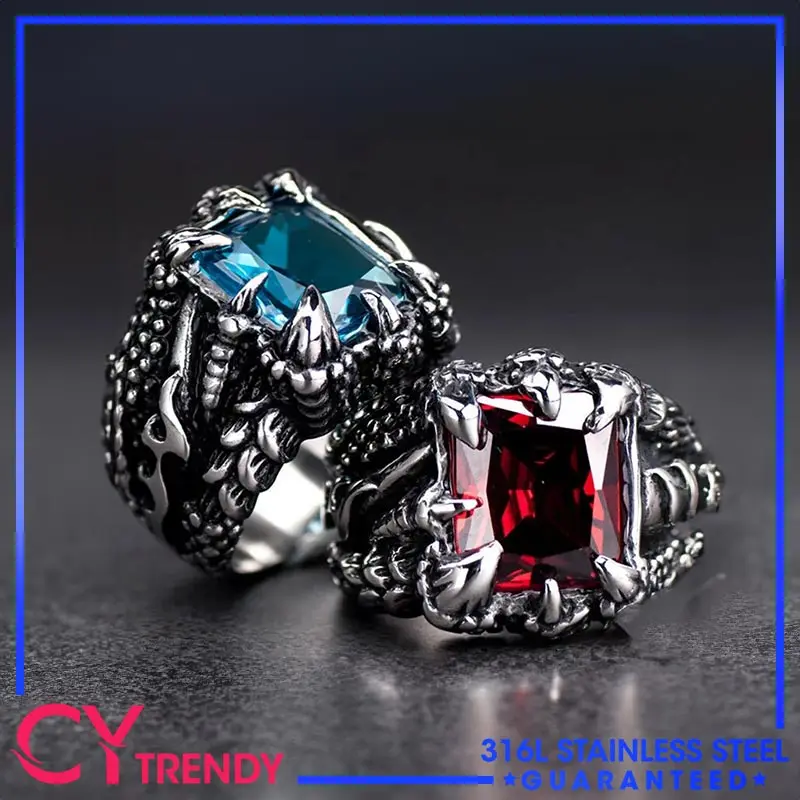 

Men's Gothic Devil Dragon Claw Ring Blue Red Crystal Streetwear Fashion Bicycle Finger Jewelry Domineering Size 7-13