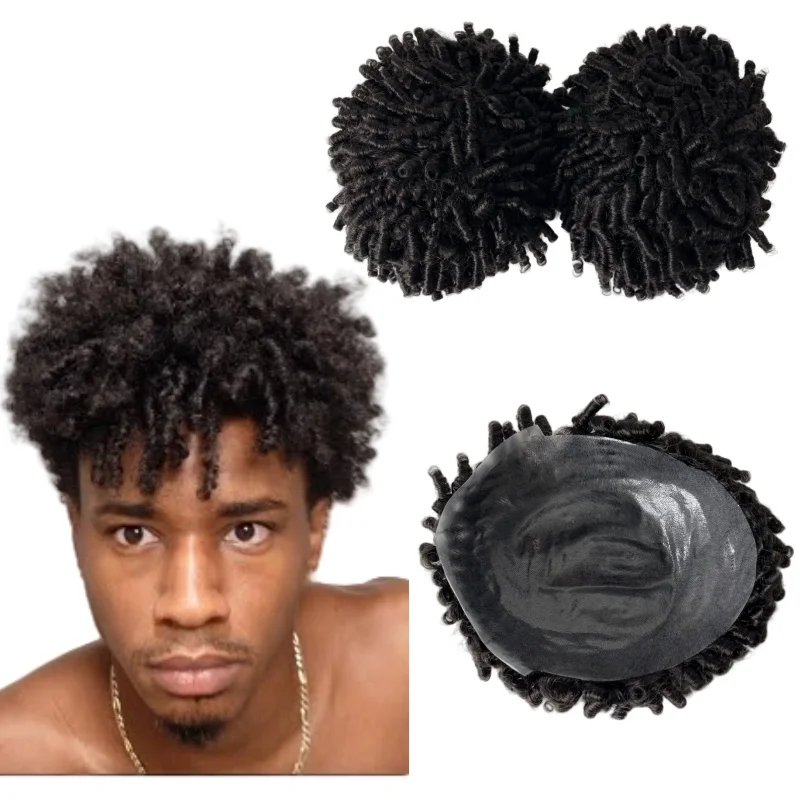 Toupet en PU pour hommes, cheveux humains vierges malaisiens, cheveux courts, boucles rebondissantes, nœuds de document noirs, 6 amarans, unité masculine, # 1B, 15mm