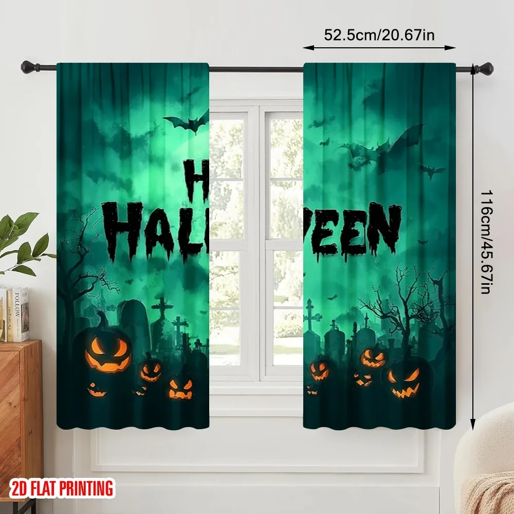 2pcs,2D plane printing Curtains&Window Treatment Spooky Witchcraft Design with Green Moon Polyester Easy Install (without rod)
