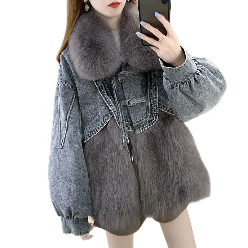 

2023 Winter Women Splicing Denim Jacket Women Korean Long Sleeve Warm Jean Coat Female Loose Cowboy Pie Overcome Outerwear