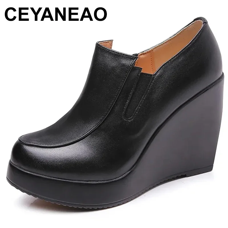 

Wedges Women Shoe Spring Autumn Slip-On High Heels Round Toe Genuine Leather Casual Ladies Platform Shoes Woman