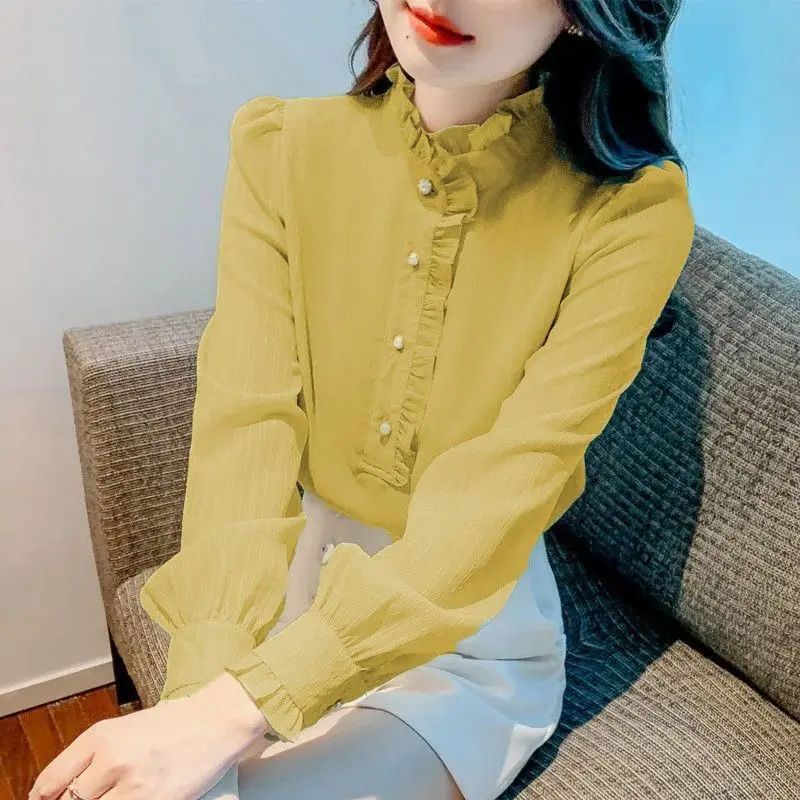 Lace New French Chiffon Shirt Elegant Splicing Stand Up Collar Ear Shirt Long Sleeve Shirt Top