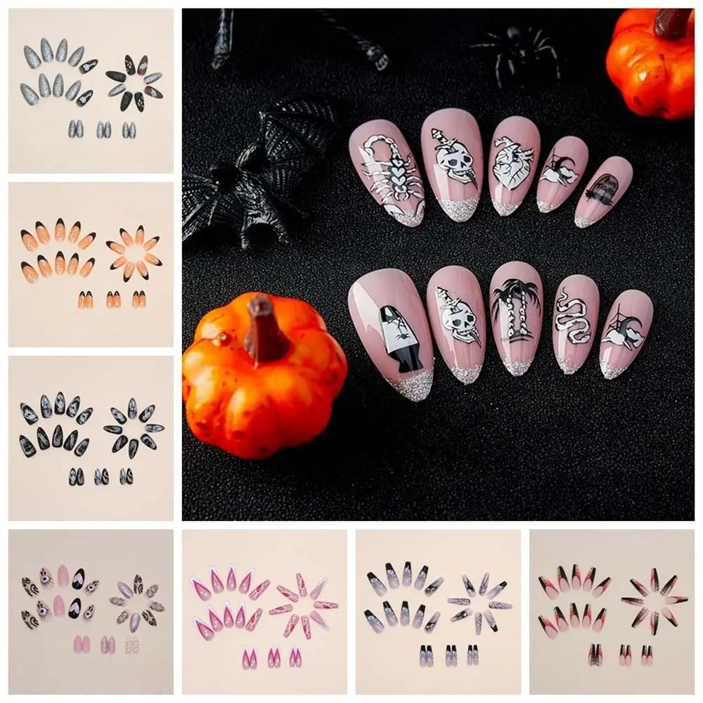 Material de manicure halloween unhas falsas suprimentos de unhas diy acessórios de unhas halloween unhas falsas longo caixão em forma preto