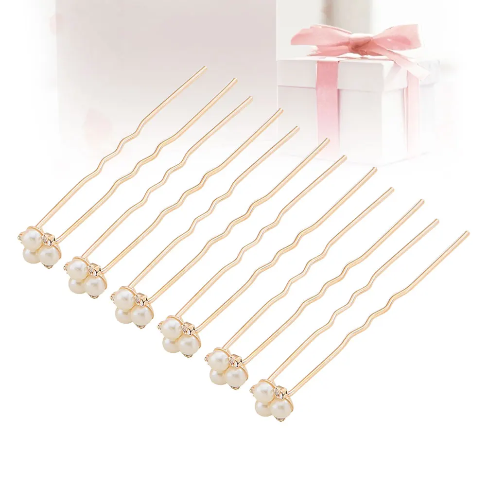 

6pcs Pearl Rhinestone Hair Sticks Bridal U Shaped Hair Pins Wedding Party Celebration Gift For Golden