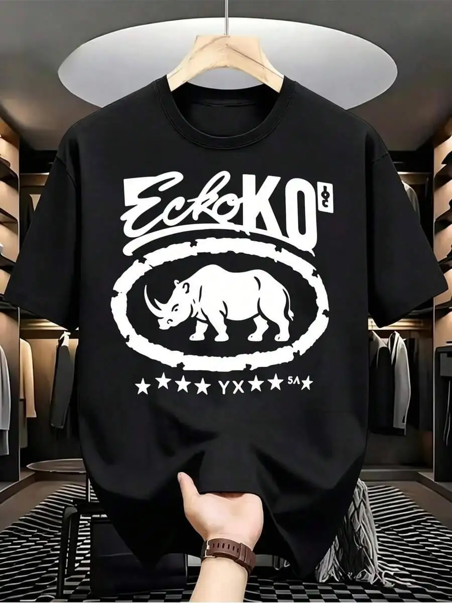 Mens Tshirts Graphic Men's Streetwear Style Rhino Print T-Shirt, Soft Breathable, Versatile For Daily, & Holiday Gifts 100%