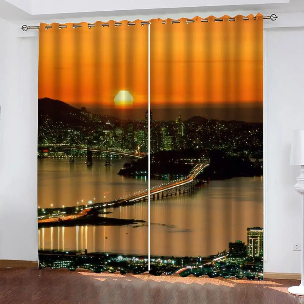 High quality custom 3d curtain fabric Sunset, cityscape, bridge scene Curtain Luxury 3D Window Curtain For Living Room