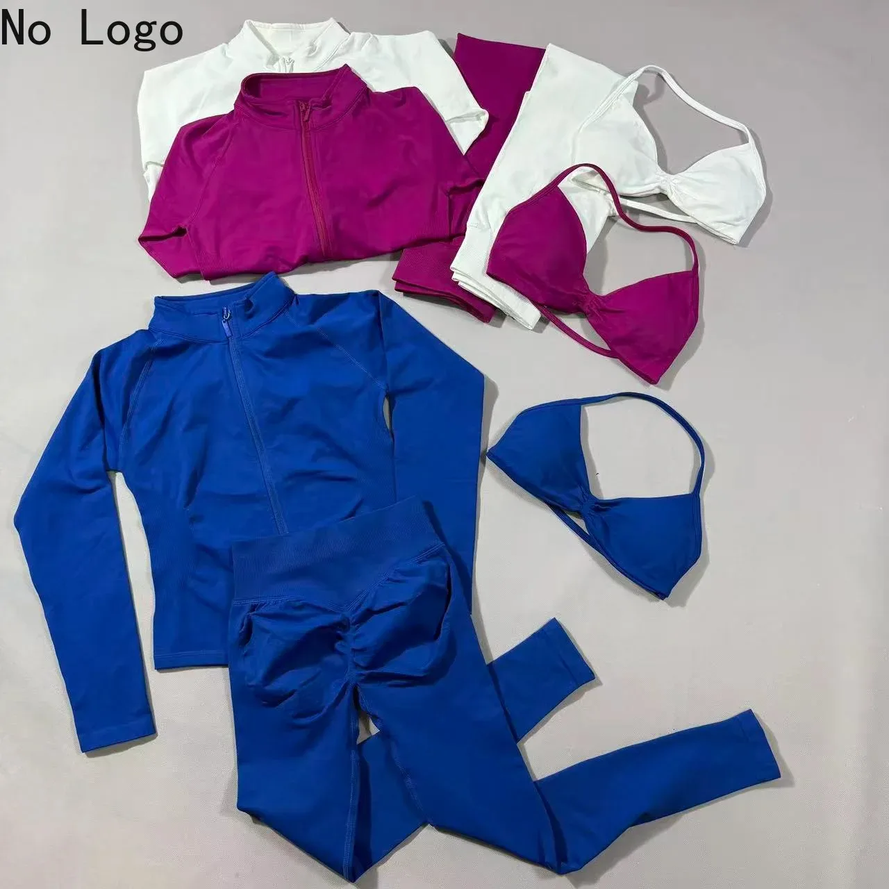

No Logo Three-piece Yoga Set Bra Long-sleeve Jacket Sports Top With Half zipper High-waist Leggings Seamless Fitness Running Set
