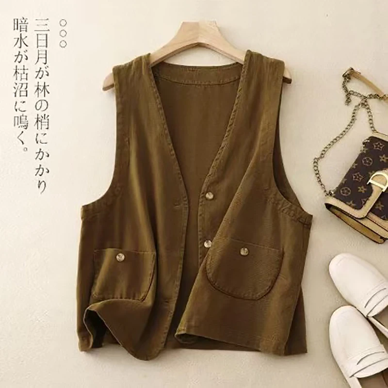 Spring Autumn Women's Vintage Cotton Cargo Vest V-neck Button Sleeveless Jacket Coat Coffee Black Red Yellow Cardigan Waistcoat