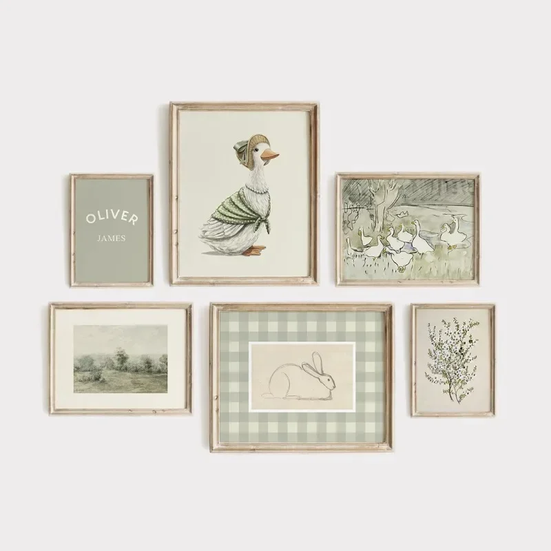 

Rustic Nature Animal Wall Art Poster Set of 6 Personalized Nursery and Kids' Room Decor Custom Name Print in Soft Tones Framelss