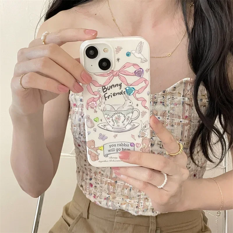 Retro Pink bow tie Porcelain teacup rabbit rhinestone art Phone Case For iPhone 16 15 14 13 12 Pro Max Case Cute cartoon Cover image 5