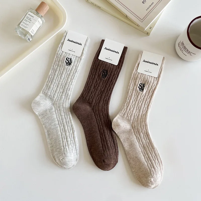 6 Pairs 2025 Women's Fall Winter Mid-Calf Cotton Slouch Socks Set Warm Socks Casual Grip Socks High Quality Wholesale Hosiery