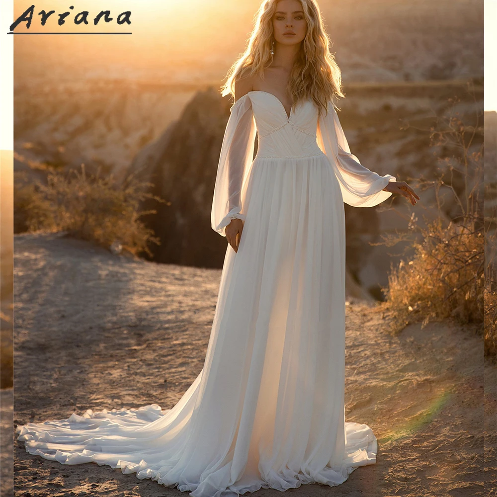 Aviana-Vestido De Novia De gasa con escote corazón para mujer, Vestido De Novia De manga larga, con cremallera en la espalda, Simple